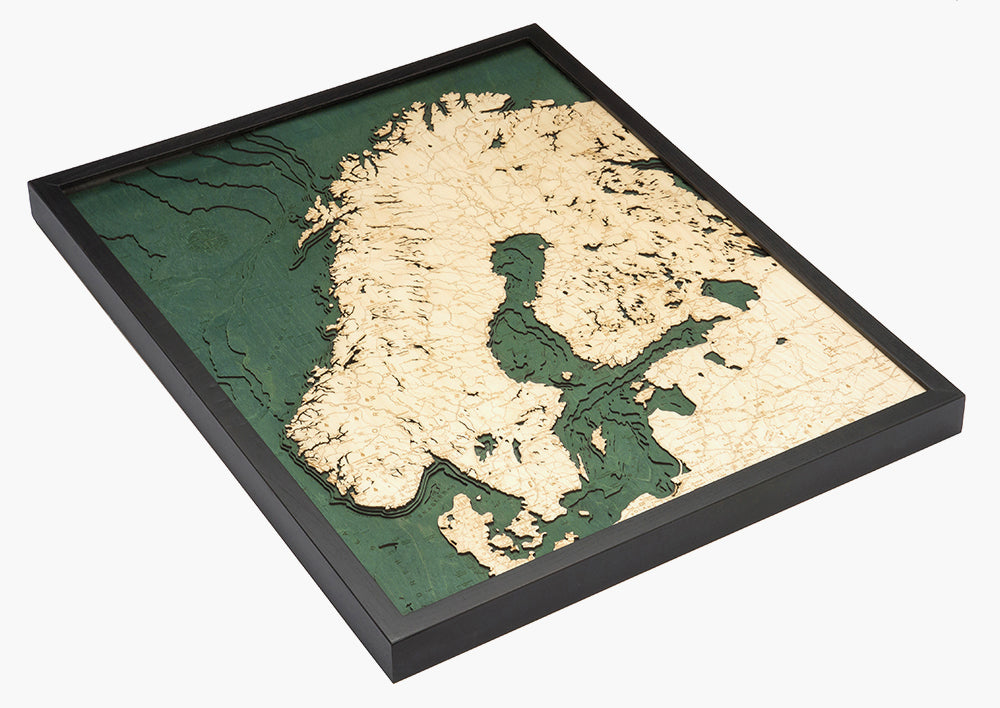Map of Scandinavia 3-D Nautical Wood Chart in Dark Frame