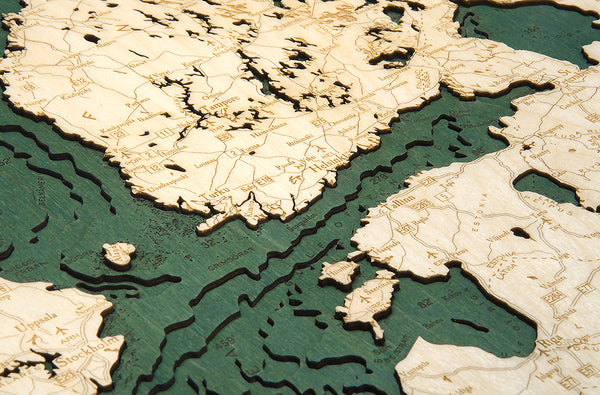 Topography Details on Map of Scandinavia 3-D Nautical Wood Chart
