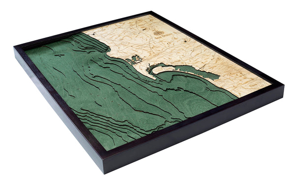 Map of San Diego, California 3-D Nautical Wood Chart in Dark Frame