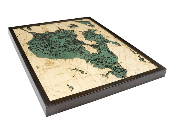 Map of Sebago Lake, Maine 3-D Nautical Wood Chart in Dark Brown Frame