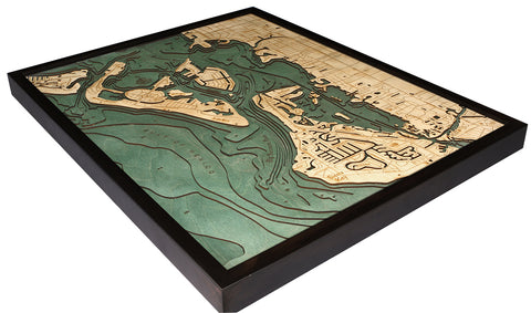 Map of Siesta Key, Florida 3-D Nautical Wood Chart in Dark Frame