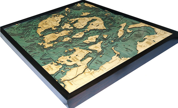 Map of San Juan Islands, Washington 3-D Nautical Wood Chart in Dark Brown Frame