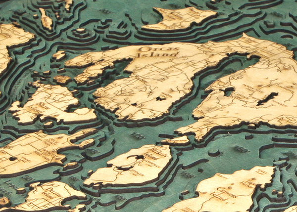 Topography Details on Map of San Juan Islands, Washington 3-D Nautical Wood Chart
