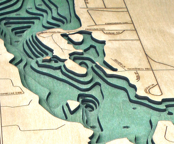 Topography Details on Map of Silver Lake in Michigan 3-D Nautical Wood Chart