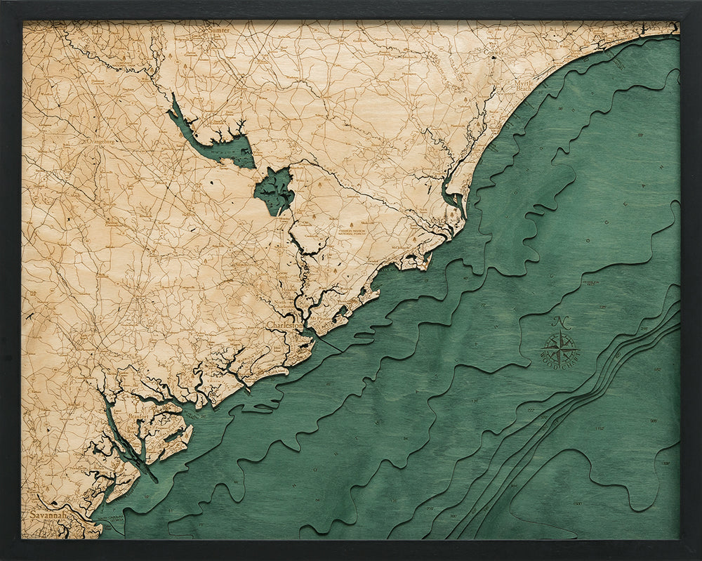 South Carolina Coast 3-D Nautical Wood Chart, Large, 24.5" x 31"