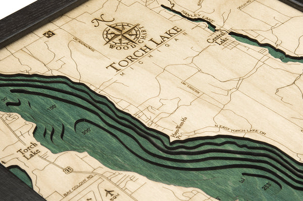 Topography Details on Map of Torch Lake, Michigan 3-D Nautical Wood Chart