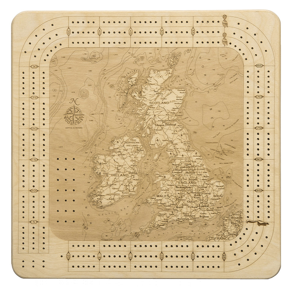 United Kingdom Map Wood Cribbage Board