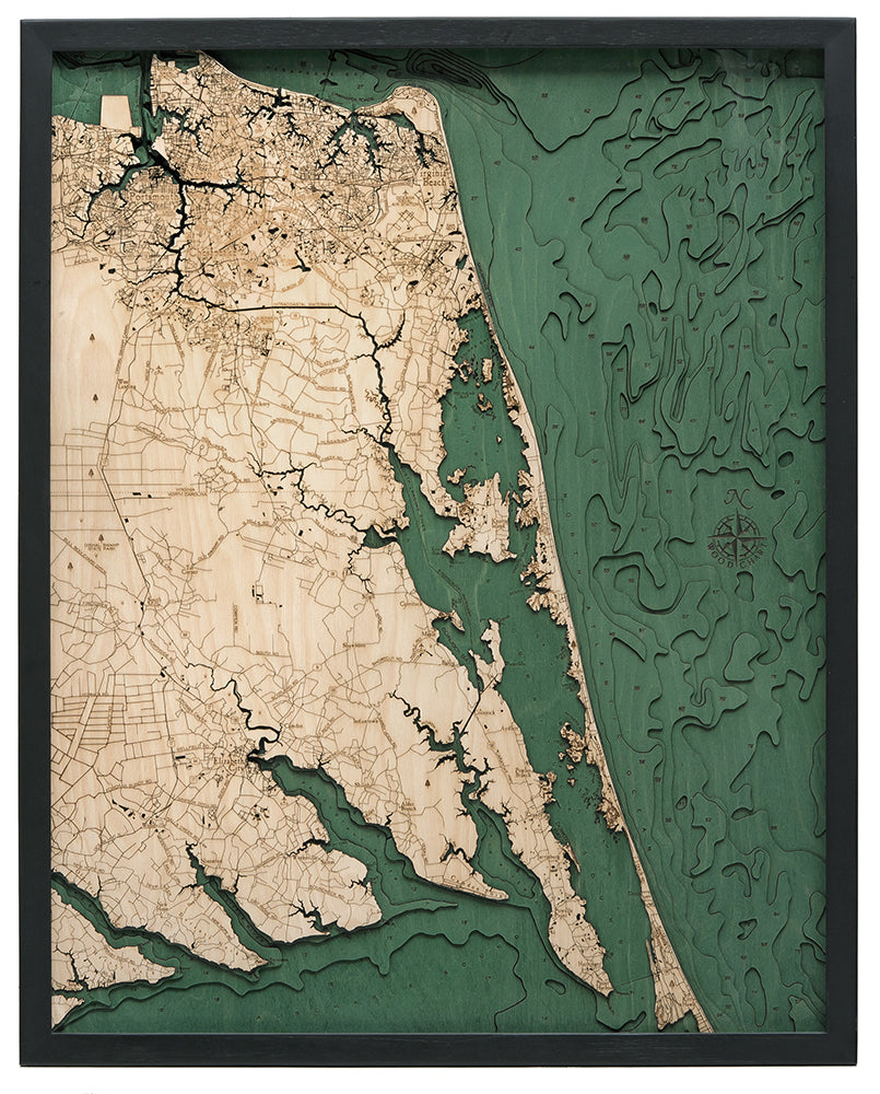 Virginia Beach to Kitty Hawk 3-D Nautical Wood Chart, Large, 24.5" x 31"