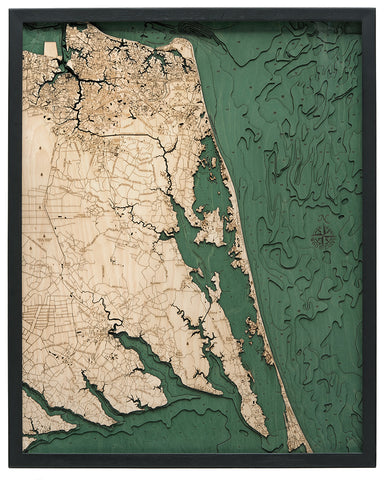 Virginia Beach to Kitty Hawk 3-D Nautical Wood Chart, Large, 24.5" x 31"