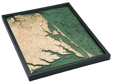 Virginia Beach to Kitty Hawk 3-D Nautical Wood Chart, Large, 24.5" x 31"