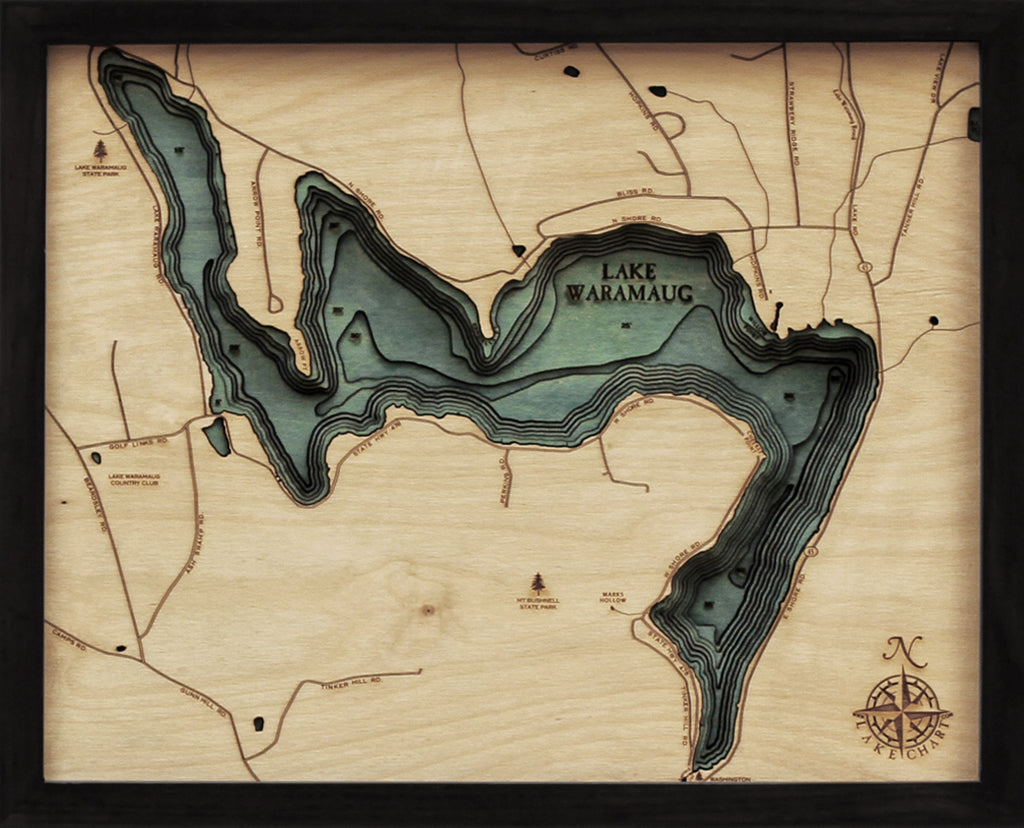 Lake Waramaug, Connecticut 3-D Nautical Wood Chart, Small, 16" x 20"