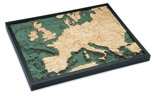 Map of Western Europe 3-D Nautical Wood Chart in Dark Frame