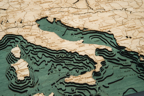 Topography Details on Map of Western Europe 3-D Nautical Wood Chart