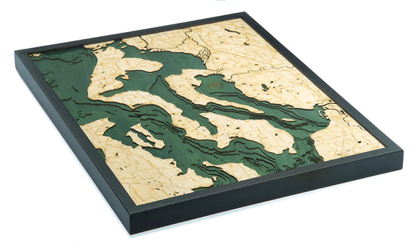 Map of Whidbey and Camano Islands 3-D Nautical Wood Chart in Dark Frame