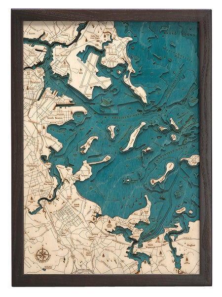 Boston Harbor wood chart map made using blue and natural wood on white background with dark frame