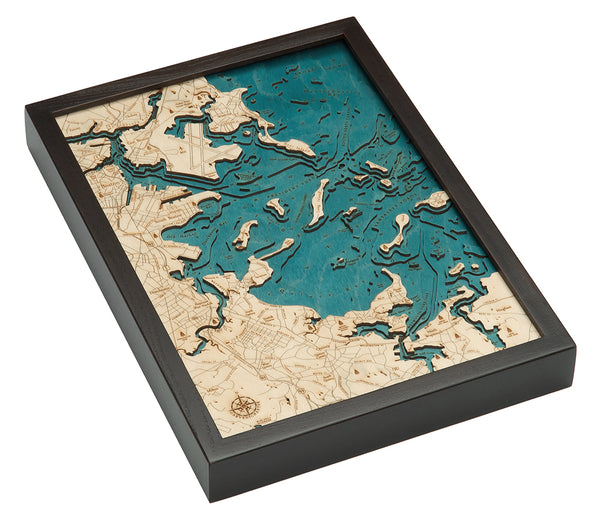 Boston Harbor wood chart map made using blue and natural wood on white background with dark frame