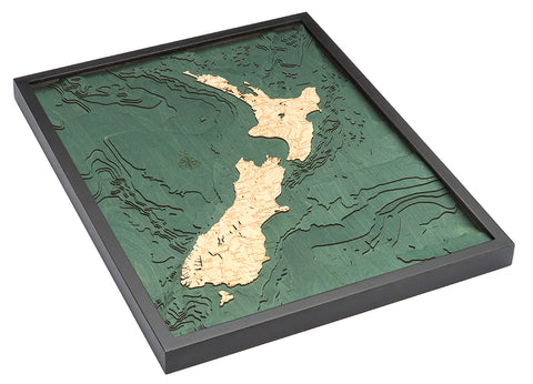 New Zealand Map 3-D Nautical Wood Chart in Dark Brown Frame