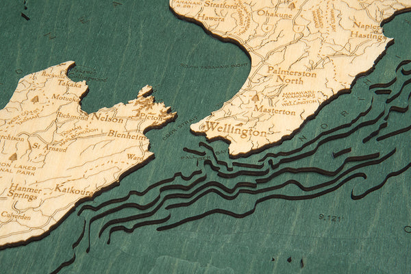 Topography Details of New Zealand Map 3-D Nautical Wood Chart