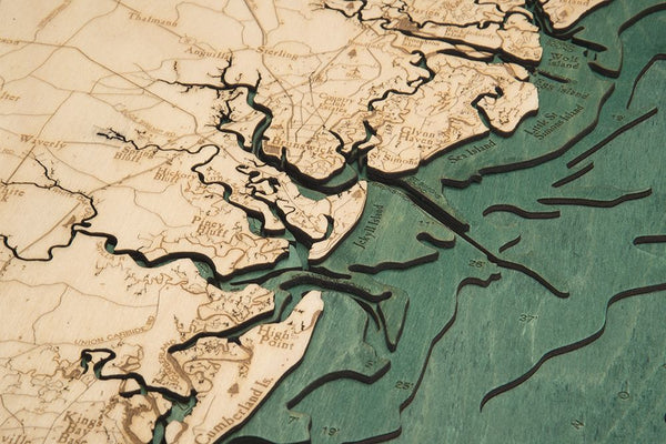 Georgia Coast wood chart map made using green and natural colored wood up close